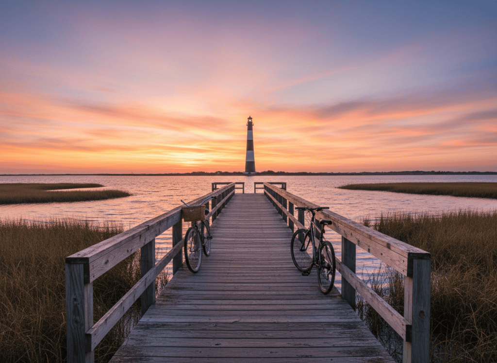 Oak Island waterfront at sunset showing docks, coast and lighthouse beyond the beach