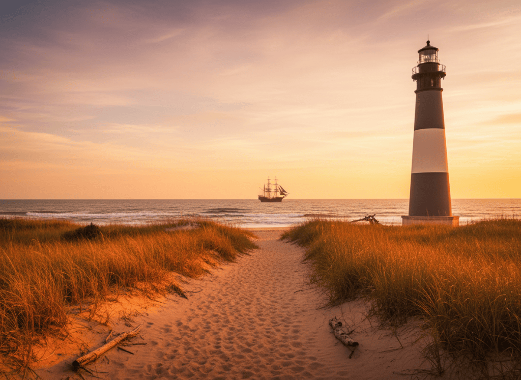 Family-friendly mysterious Oak Island coast with lighthouse and pirate-inspired maritime atmosphere