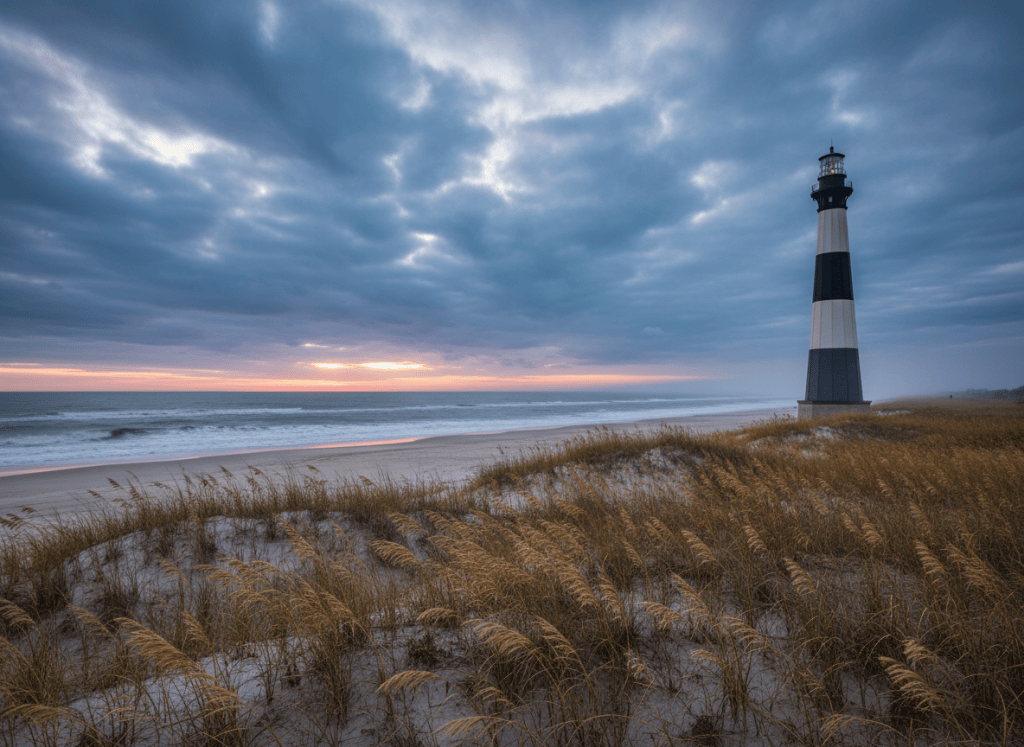 Moody fall evening on Oak Island with the lighthouse, dunes and Atlantic coast